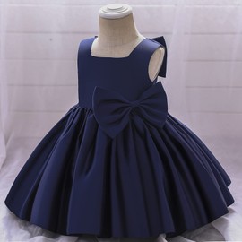 Baby Girls Dress Toddler Party Dress Cute Big Bowknot Church Baptism Birthday Party Formal Dress Blue 12-18 Months