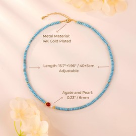 FOOIND Natural Turquoise Necklace for Women Girl, Asymmetric Design Handmade Dainty Turquoise Choker Beaded Necklace with Red Agate & Crystals Pearl (Adjustable Size 15.7+2'')