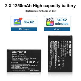 GOROFO LP-E12 Digital Camera Batteries, for Canon EOS M2, EOS M, EOS M10, EOS M50, EOS M50 Mark II, EOS M100, EOS M200, EOS100D, SX70 HS, Rebel SL1 Digital Cameras (2 Batteries)