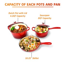 Enameled Cast Iron Cookware Set - 3 PC Set of 5.5QT Dutch Ovens, 2QT Sauce Pan, 10.2 Inch Ceramic Frying Pan, Ceramic Coated Cast Iron Dutch Ovens set, Heavy Duty, Gas/Induction Compatible,Red