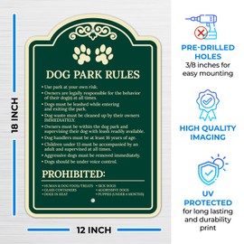 Sigo Signs Use Park at Own Risk Dogs Must Be Leashed Waste Must Be Cleared Decor Sign, Green Dark, 12x18 Inches, ACM, Fade Resistant, Made in USA