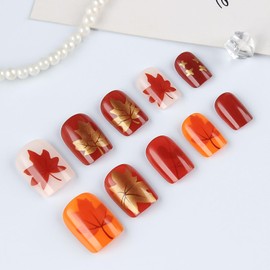 Thanksgiving Press on Nails Short Square Fall Maple Leaf False Nail Full Cover Glossy Acrylic Artificial Fingernails Red Maple Leaf Pattern Festival Stick on Nail Press Ons Glue on Nails for Women
