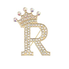 Crystal Crown Initial Letter Brooch Pin Queen Crown Alphabet Letter Lapel Pin Badges for Dress Coat Suit Shoolbags A-Z Letter Breastpin for Clothing Decors Gold/Silver Plated Best Friends Gift (gold R)