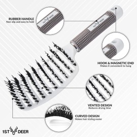 1st Deer Detangling Nylon Bristle Brush, 2 pcs Styling Hair Brush, Curved Vented Hairbrush for Faster Drying, Detangler for Dry Wet Long Thick Curly Straight Hair (White, Black)