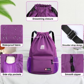 Tesmien Drawstring Bags,Waterproof Swimming Bags Unisex Sports Backpacks for Kids Adult, Large Drawstring Sackpacks Bags for School Gym Sports Travel Swimming-Purple