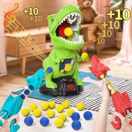BLmukce Dinosaur Shooting Toys for Boys 2 3 4 5 6 7 Years Old, 2 Air Pump Launchers, Movable Target & 48 Foam Balls, Outdoor/Backyard Games with LED Score & Sound, Christmas/Birthday Gift for Toddlers
