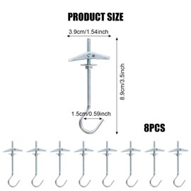 8 Pcs Wing Spring Toggle Hook, Ceiling Hooks Plasterboard, Carbon Steel Mount Hook Fixing Anchors Bolts, with Threaded Hooks, for Drywall Cavity Hollow Wall Board Plank Hanging Plants Lights, M4x90mm