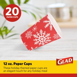 Glad Everyday Disposable Paper Cups with Holiday Red Snowflake Design | Heavy Duty Paper Cups, Paper Cups for All Beverages and Everyday Use | Red Snowflake Holiday Design | 12 Ounces, 20 Count