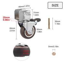 DBREAKS 4 x U-type furniture castors, diameter 50 mm, plate opening 25 mm, swivel castors for furniture with U-shaped bracket, swivel castors with brake, transport wheels, swivel castors with screws,