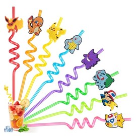 8 Colorful Reusable Plastic Straws for Kids - Curly Drinking Straws for Kids Birthday Party for Girls & Boys, Colors Random B