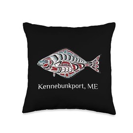 Kennebunkport Maine Native American Tribal Halibut Kennebunkport Maine Coast Halibut Fisherman Native American Throw Pillow, 16x16, Multicolor