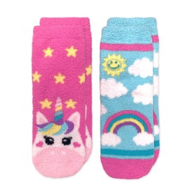 Jefferies Socks Girl's Unicorn and Colorful Rainbow Fuzzy Slipper Socks 2 Pack, Multi, Small