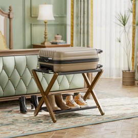 vovala Luggage Rack, Folding Suitcase Stand with Storage Shelf, Premium Bamboo Luggage Holder for Guest Room, Bedroom, Hotel, Closet, Holds up to 135 lb (Walnut)