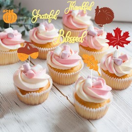 Qertesl - 24 adornos para cupcakes de Acción de Gracias, decoración de tartas, diseño de otoño, hojas de arce de pavo, para decoración de fiesta del día de Acción de Gracias, suministros de decoración de fiesta de otoño