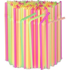 disposable plastic straws - pack of 200 drinking reusable coffee long cocktail stirrers flexible sticks smoothies milkshake drink kids bulk bendable stirrer bendy party birthday - neon