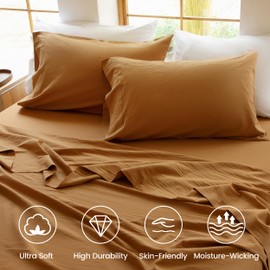 BISELINA 100% Washed Cotton Sheet Set King Size 4 Pieces Soft Breathable Durable Chic Bedding Set for All Season - Dark Orange, King