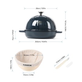 HAWOK Cast Iron Bread Cloche, Dia. 7.8inch/20cm, 0.95qt, with Proofing Basket and Dough Scoring Knife, Sourdough Baking Pan Enameled Navy Blue