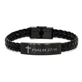 DARIN GIFT Bible Verse Braided Leather Bracelet - Psalm 27:14 - Motivational Encouragement Gifts Faith Engraved Stainless Steel Adjustable Religious Jewelry Christian Cross Bracelet For Men Women