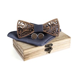 Cyriacus Wooden Bow Tie Set, Includes Papillon and Cufflinks, Square Neckerchief (3 Pieces), Unique Openwork Design, Suitable for Use in Multiple Scenes, darkblue