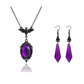 Gothic Bat Necklace Earring Set Victoria Emboss Cameo Pendant Necklace Vintage Red Black Glass Dangle Drop Earrings Gothic Dark Style Vampire Bat Set Halloween Mystic Witch Costume Jewelry (Purple 1)