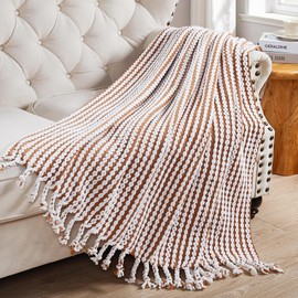 BYTIDE Striped Knit Throw Blanket with Braided Tassels 50" x 60", Hand Knitted Soft Chunky Chain Design Boho Farmhouse Blanket, Two Tone Tassel Decor Throw for Couch Bed Sofa Outdoor, Camel White