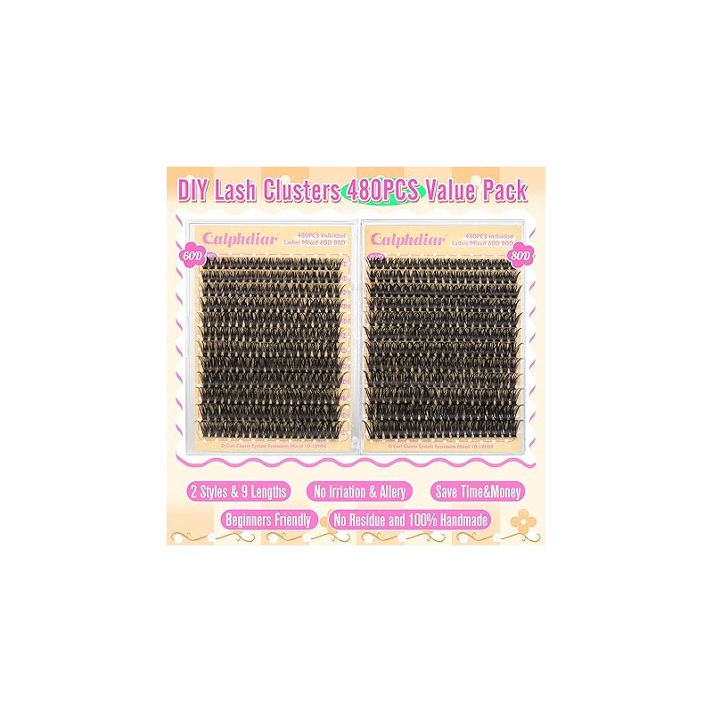calphdiar Lash Clusters 60D+80D Thick Individual Eyelashes 480PCS Wispy Cluster