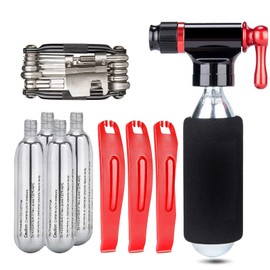 Kadacha CO2 Inflator Kit with 5x16g CO2 Threaded Cartridges - Compatible with Presta and Schrader Valves - Portable CO2 Bike Tire Pump with Bike MultiTool and Repari Kit (B)