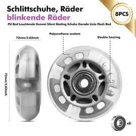 Pack of 8 LED Inline Skate Wheels 72 mm - Luminous Inline Wheels with Ball Bearings, Replacement Wheels for Roller Skates & Fitness Skates - Universal PU Wheels for Children