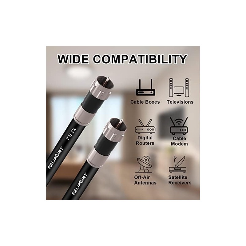 RELIAGINT 10ft, Black RG6 Coaxial Cable with F Connector,F81/RF Double
