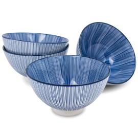 Nat & Jules Delicate Stripes Blue 18 ounce Ceramic Cereal Ramen Bowls Set of 4
