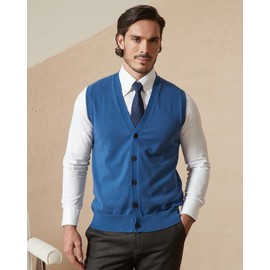 Kallspin Men’s Button Down Sweater Vest Lightweight Knitted Pure Cotton V-Neck Sleeveless Cardigans(Blue, 3XL)