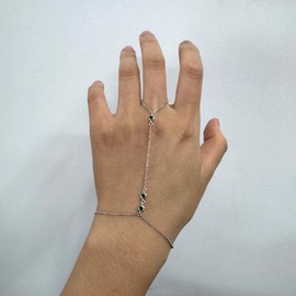 925 Sterling Silver Triple Solitaire Emerald CZ Diamond Finger Ring Bracelet Hand Chain for Women, May Birthstone Slave Bracelets Adjustable