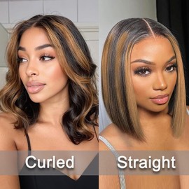 Straight Highlight Ombre Bob Wig Human Hair 4x4 Lace Front Wigs 1b/30 Colored Highlights Honey Blonde Lace Closure Wigs Glueless Pre Plucked Hairline 180% Density Bob Wigs for Women 12 Inch