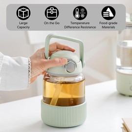 BUYDEEM DG710 Glass Water Bottle 34oz, Portable Water Tumbler with Straw, High Borosilicate Glass, Heat Resistance, Ideal for Travel Home Office, Cozy Greenish