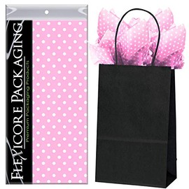 Flexicore Packaging Black Kraft Paper Gift Bags & Light Pink Gift Wrap Tissue Paper | Size: 5.25 Inch X 3.25 Inch X 8.25 Inch | Count: 50 Bags | Color: Light Pink Polka Dot