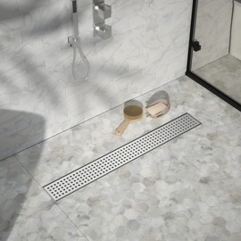 Bernkot Linear Shower Drain 26", 304 Stainless Steel Floor Drain with Grid Drain Cover & Hair Strainer, Rectangular Shower Drain w/CUPC Certified, Brushed
