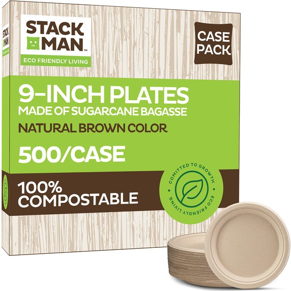 100% Compostable Paper Plates 9 Inch [500 Count] Heavy-Duty Dinner Plates - Natural Brown Color Unbleached Bagasse - Eco-Friendly Disposable Biodegradable Sugarcane Plates - [Bulk Case 4/125 Pack]