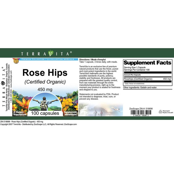 Rose HIPS (Certified Organic) - 450 mg (100 Capsules, ZIN: 518698) - 2 Pack