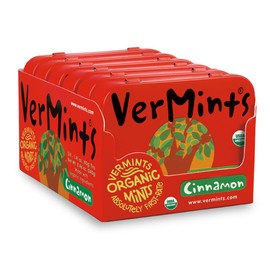 Organic Breath Mints by VerMints, Cinnamon Flavor, All Natural Pastilles, Non-GMO, Nut Free, Gluten Free, Vegan, KSA Kosher, Pack of 6, 1.41oz Tins