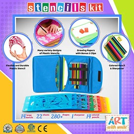 Kit de Plantillas de Dibujo de 55 Piezas con Estuche. Plantillas con más de 280 formas, Lápices de Color, Papel. Suministros Artísticos para la Creati