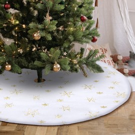 JOYUE Round Christmas Tree Skirt, 120 cm, Christmas Tree Skirt with Gold Snowflakes, White Plush Faux Fur, Christmas Tree Skirt, Christmas Tree Stand Blanket for Christmas (Gold)