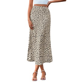 BTFBM Satin Skirts for Women 2025 Fall High Waisted A-Line Leopard Print Cocktail Wedding Long Silk Summer Midi Skirt(Apricot Black, Small)