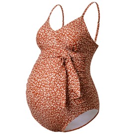 GINKANA Traje de baño de maternidad con cuello en V, de una pieza, monokini con lazo frontal, traje de baño para embarazo, Leopardo rosa claro, S
