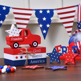7 PCs Patriotic Table Decorations, 4th of July Independence Day Decor, God Bless America Book Stack, Stars, Wood Truck Red White Blue Tiered Tray Decorations for Memorial, Veterans Day (4th of July)