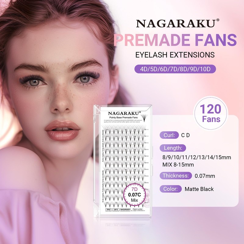 NAGARAKU 7D Prefabricated Fan Eyelashes, 120 Fans Volume, Premade Fans