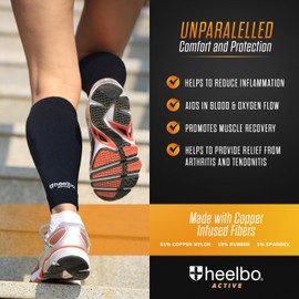 Heelbo Copper Infused Calf Compression Sleeves, Support Muscle Recovery & Blood Circulation, All Day Comfort, Breathable, Moisture Wicking, Black, Medium