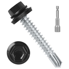 #10 x 1-1/2" (50 PCS) Black Metal Roofing Screws with Rubber Washer, Hex Head Self Tapping Screws for Metal, Self Drilling Sheet Metal Screw, Hex Bit Socket Included