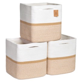 NaturalCozy Storage Cubes 11 Inch Cotton Rope Woven Baskets for Organizing, 3-Pack | Cube Storage Bin | Square Storage Baskets for Shelves Organizer, Classroom, Kids Toy Bins, Closet, Baby Nursery