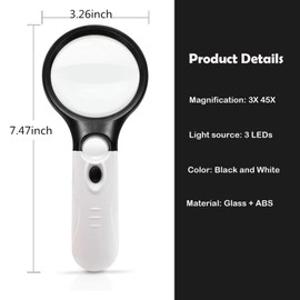 Rongon Magnifying Glass with Light, 3X 45X Handheld Magnifier Loupe, Lighted Magnifying Lens for Seniors Reading, Maps, Gems, Jewelry, Macular Degeneration, Close Work, Hobbies