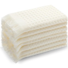 SmoothNovelty 6 Pcs Boho Bathroom Hand Towels Set Beige Waffle Weave Tassel Hand Towels 14 x 30 Inch Farmhouse Decorative 100% Cotton Dishcloth Soft Absorbent Washcloth for Boho Bathroom Kitchen Decor